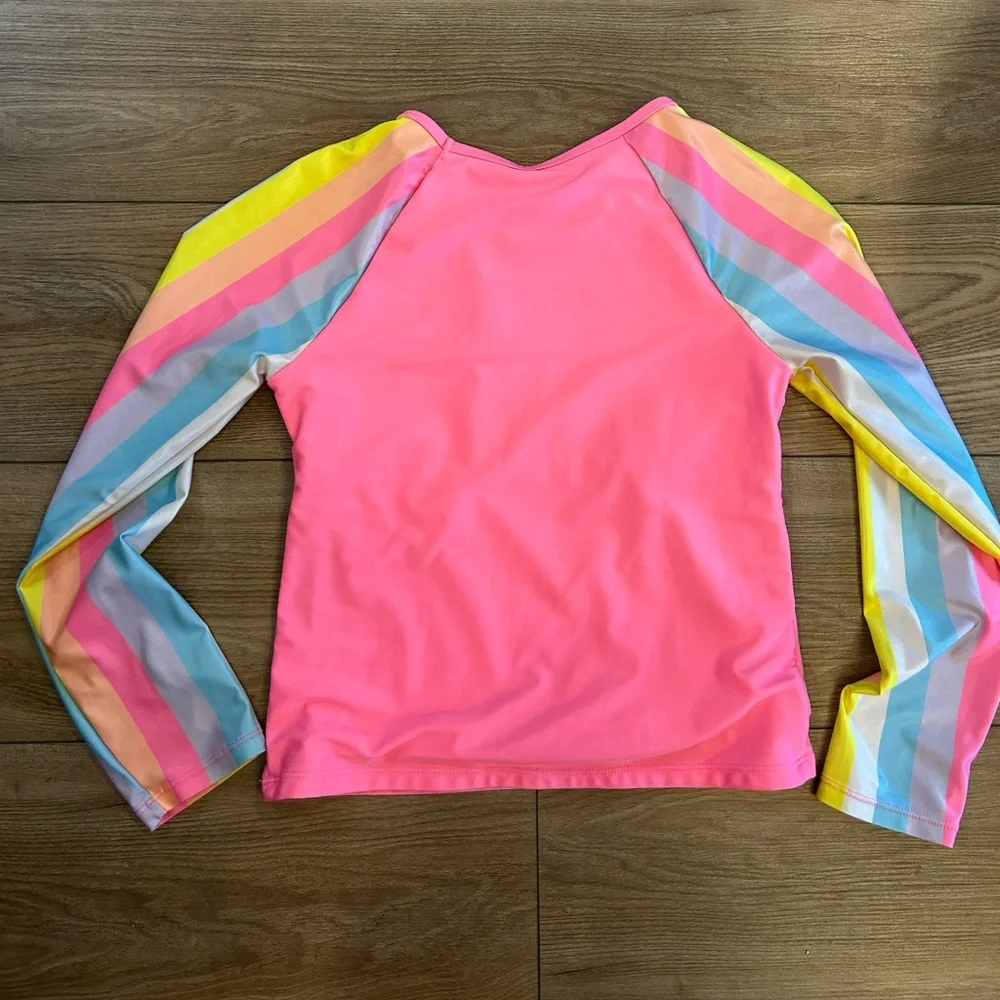 Justice Girls L 12/14 Neon Pink Rainbow Sleeve Swimtek Top